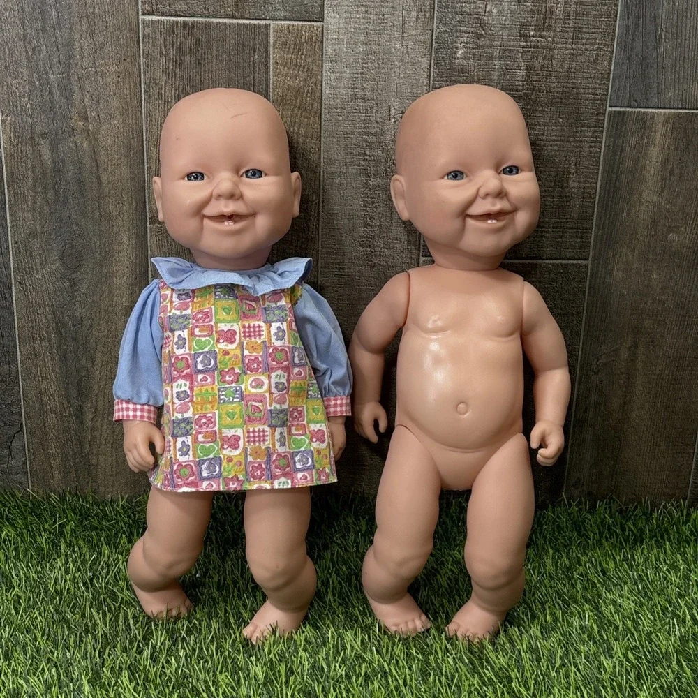 Vintage Twin Baby Dolls Pair 2 Matching Smiling Baby Dolls One Dressed